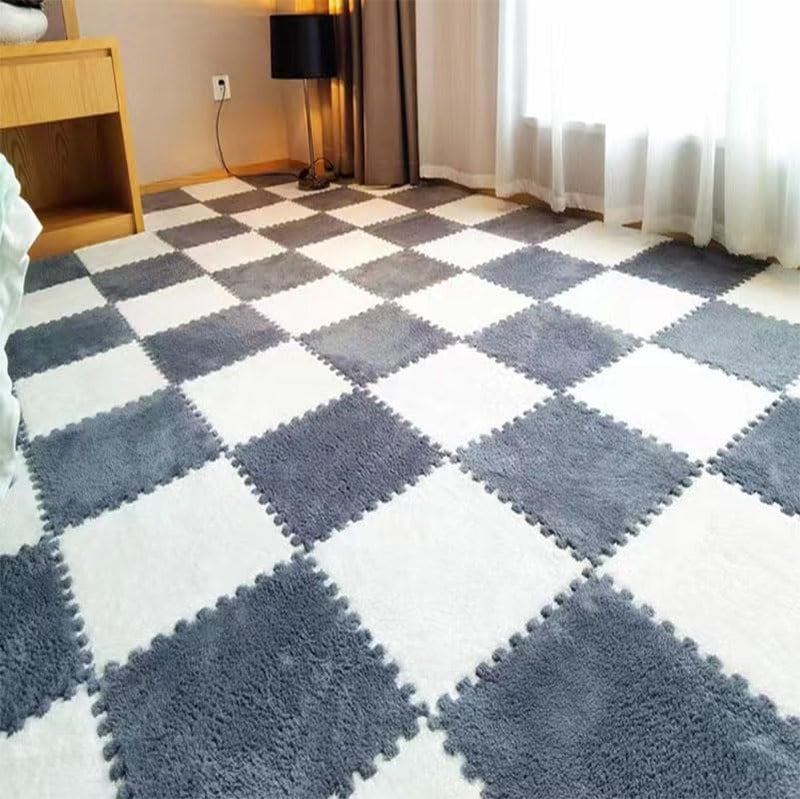 HUIDUO 12 Pcs Kids Foam Interlocking Carpet Tiles with Border, Thick Carpet Squares Plush Floor Playmats Baby Crawling Rug - 49" x 37",Grey (Grey, 12 Tiles) - Image 5